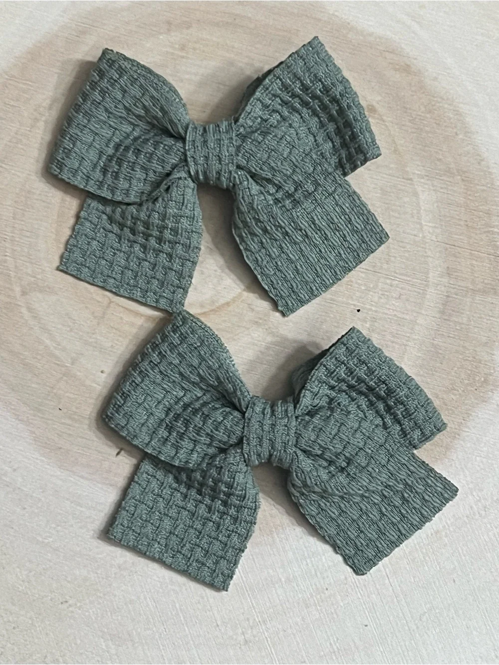 Handmade Sage Green Waffle Knit Hair Bow Clips Set of 2